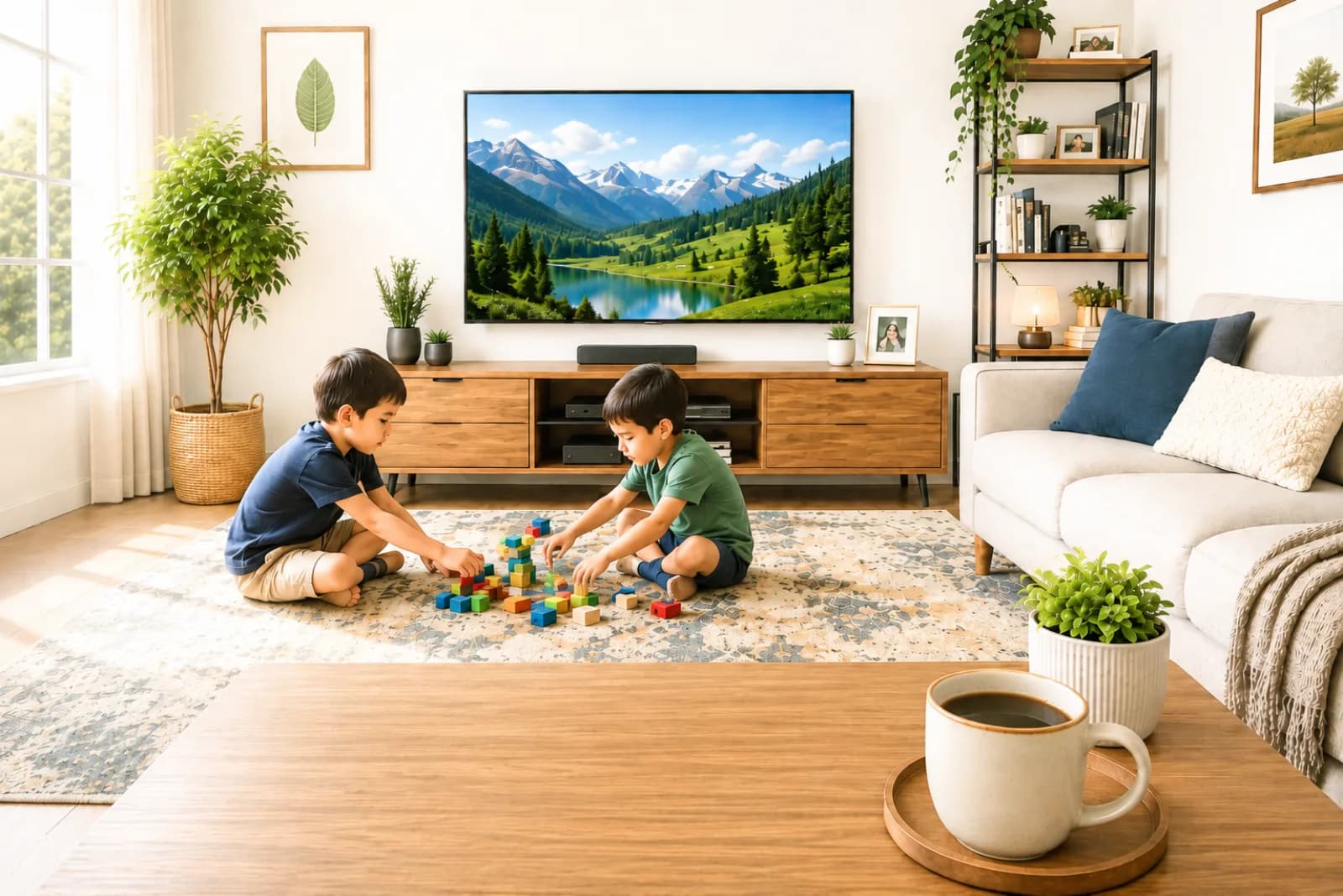 The same living room seen with corrected vision — edges and detail sharp