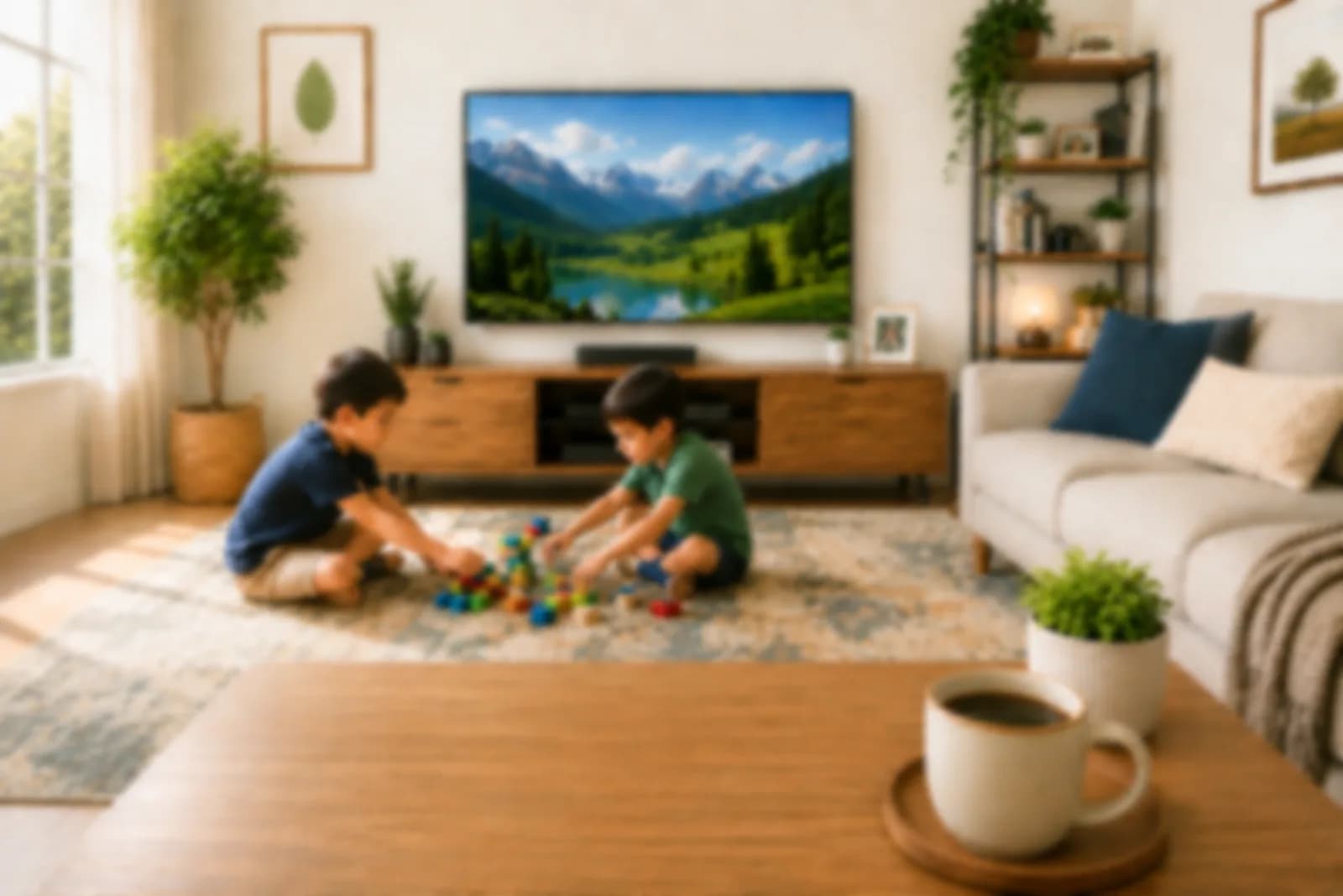 A living room seen with uncorrected refractive error — shapes readable, fine detail lost